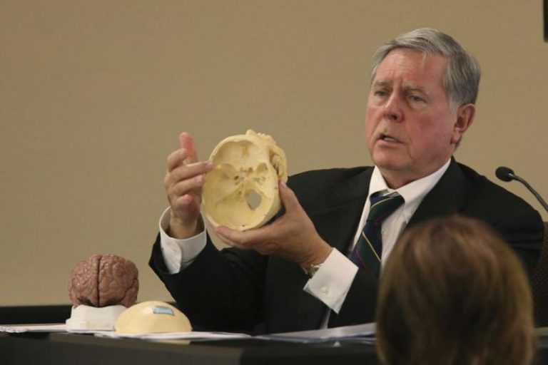 man  examining skull bones