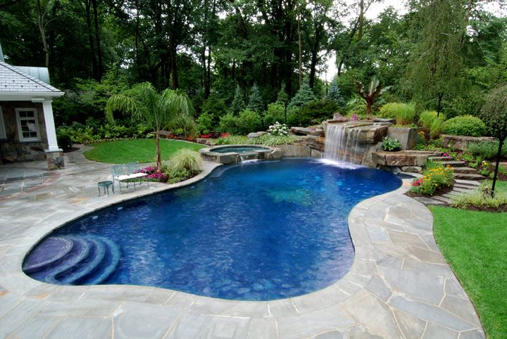 a swimming pool surrounded by trees