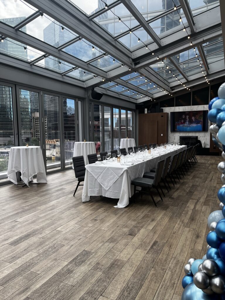 a room with tables and chairs