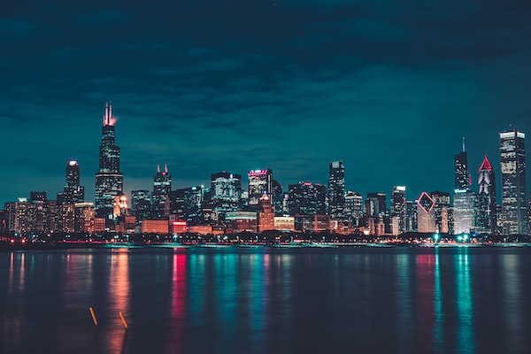 Nighttime cityscape of Chicago where you'll find the best wrongful death attorneys in Chicago.