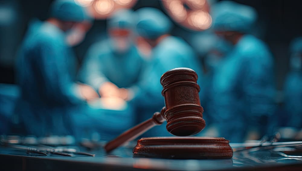 Gavel, and doctor are performing surgery in backgrround